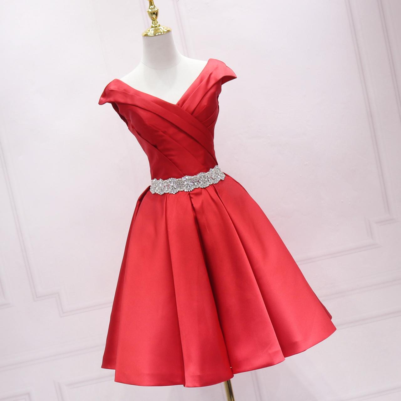 Red Satin Off Shoulder Short Style Homecoming Dress, Red Short Prom Dress Formal Dresses