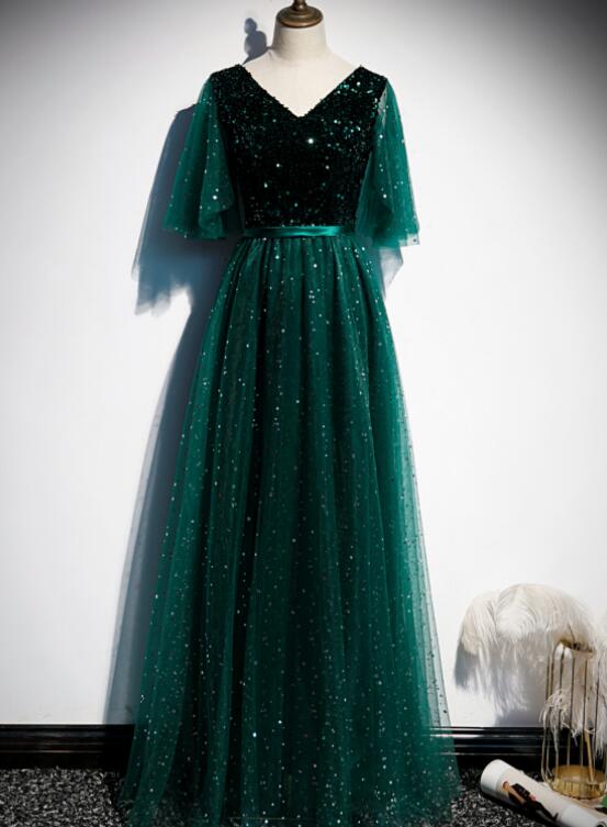 Pretty Dark Green Sequins And Tulle Long Formal Gown, Green A-line Bridesmaid Dress Party Dress