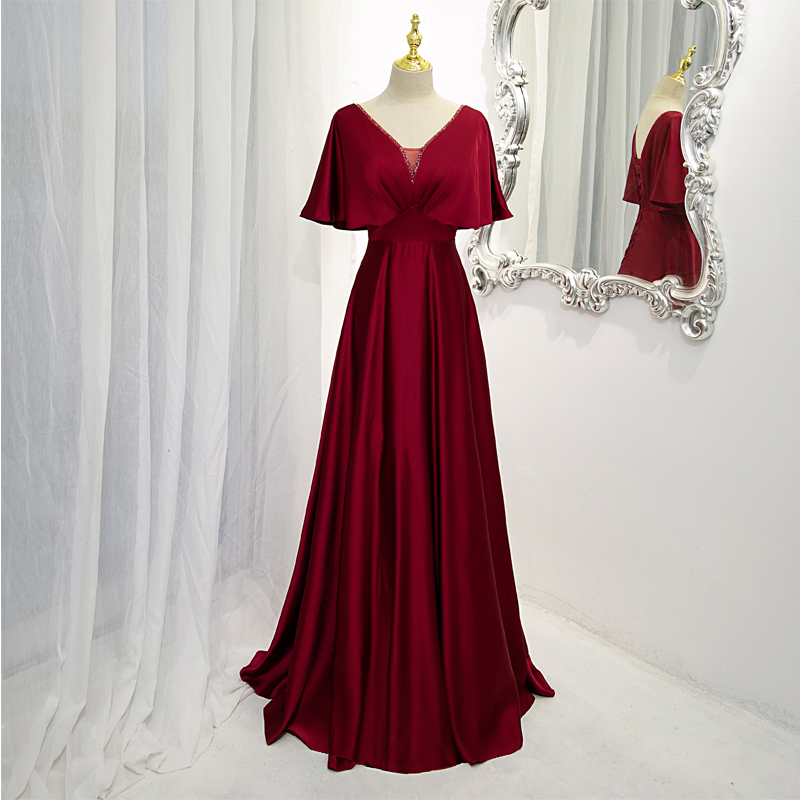 Charming Dark Red Satin A-line Floor Length Evening Dress, Wine Red Wedding Party Dresses