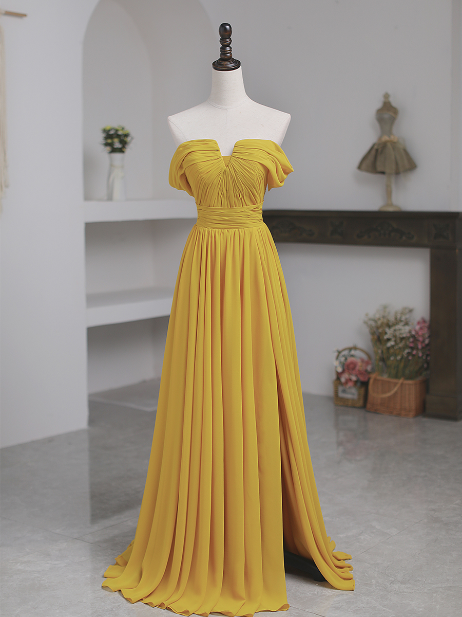 yellow off the shoulder bridesmaid dress Off Shoulder Satin Corset Slit Gown by Ladivine 7492 – ABC Fashion