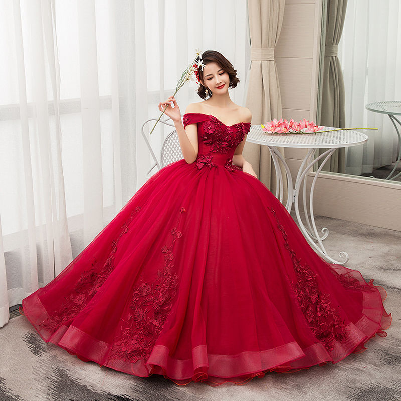 Gorgeous Off The Shoulder Luxury Lace Party Quinceanera Dresses Sweet 16 Dress, Wine Red Tulle Ball Gown Prom Dress