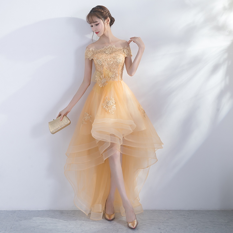 Beautiful Light Yellow Tulle Off Shoulder With Lace Party Dress Homecoming Dress, High Low Formal Dress