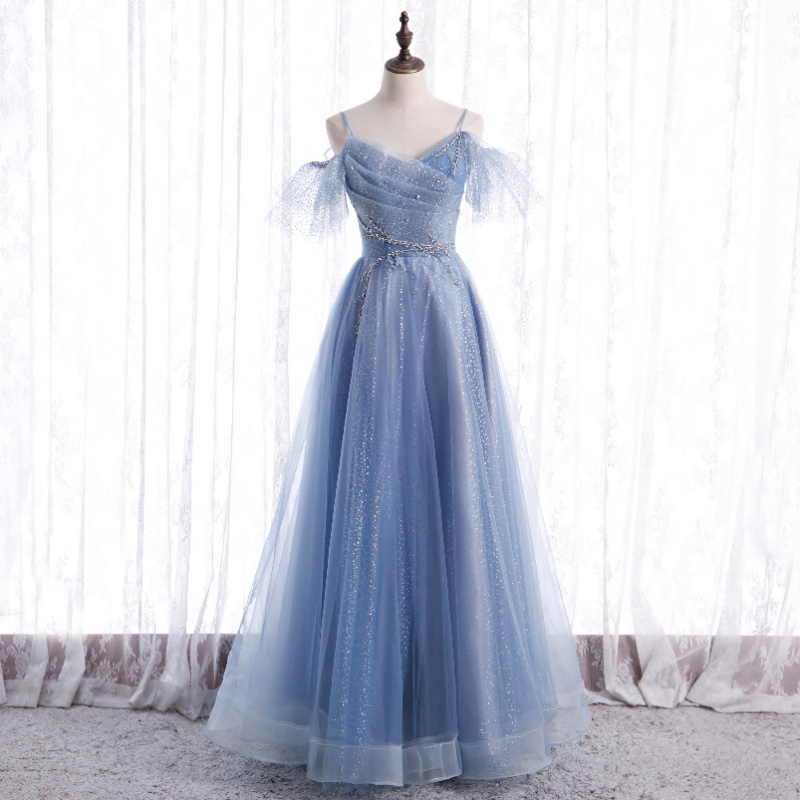 Light Blue Tulle Straps Off Shoulder Party Dress, Blue A-line Formal Dress