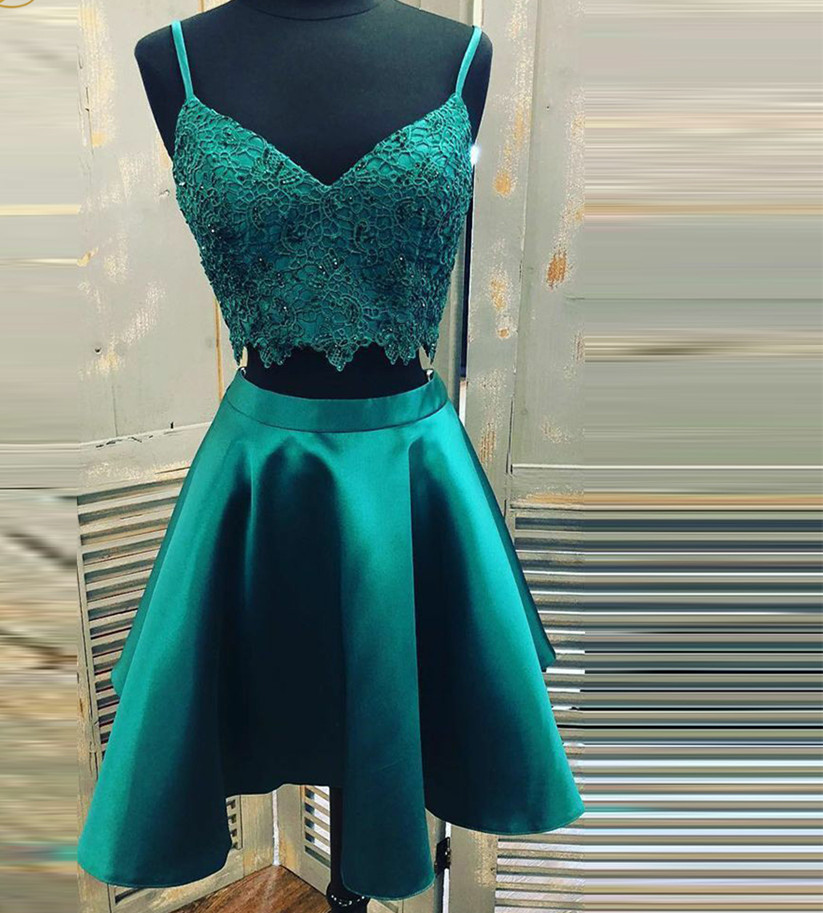 Two Piece Green Short Straps Lace And Satin Homecoming Dress, Short Prom Dresses