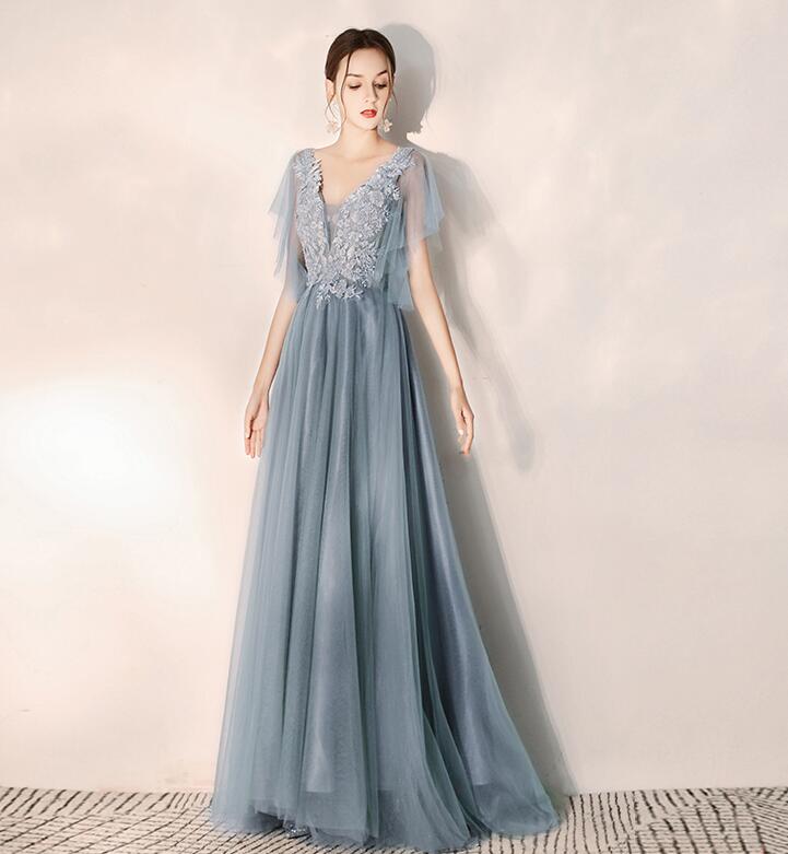 Beautiful Tulle V-neckline Lace Low Back Long Party Dresses, Blue-grey Evening Dress Prom Dresses