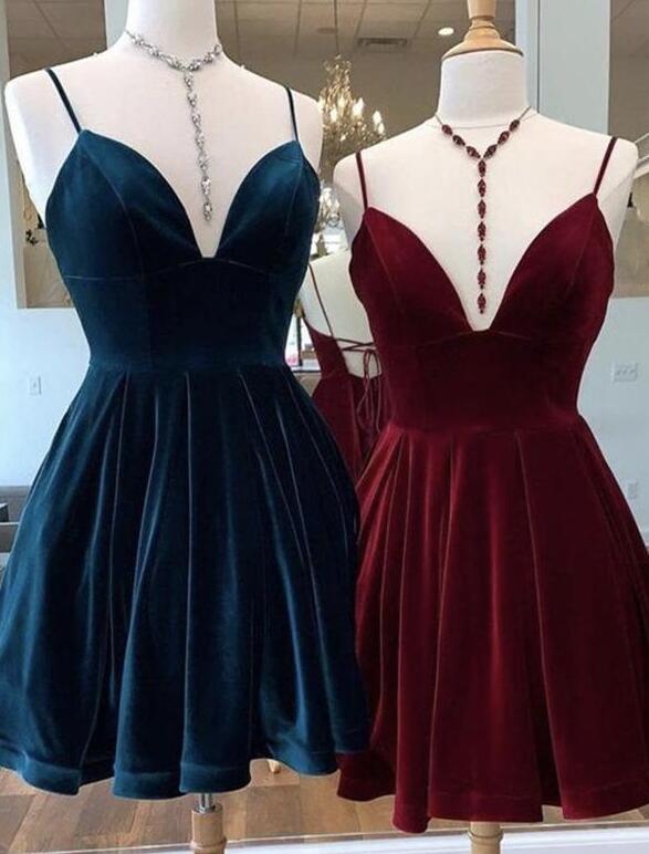 Beautiful Velvet A-line Spaghetti Straps V-neck Fresh Short Homecoming Dresses, Short Party Dress