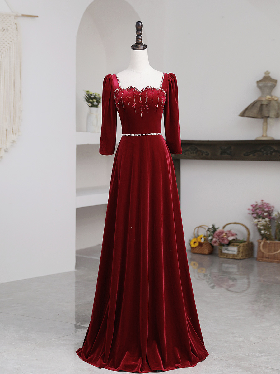 Wine Red Beaded Velvet Long Evening Dress Formal Dress, Dark Red Wedding Partyd Ress
