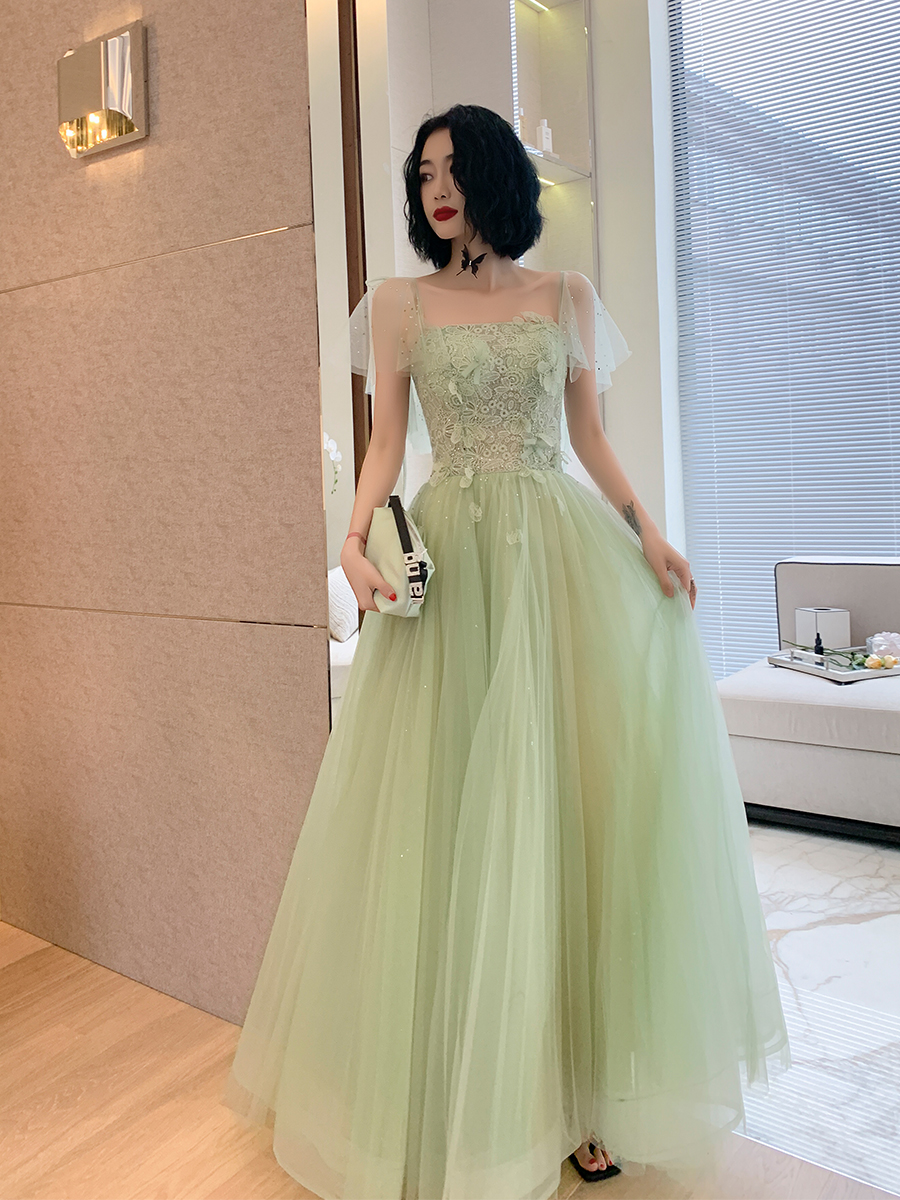 Light Green Tulle With Lace Cap Sleeves Long Evening Dress, Beautiful Green Formal Dresses