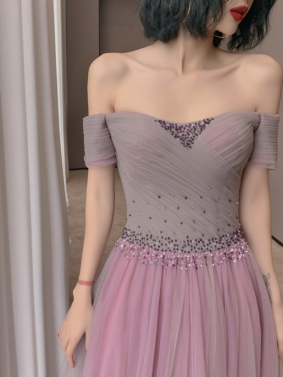 Purple Tulle Beaded Long Formal Dress, Cute A-Line Evening Dress