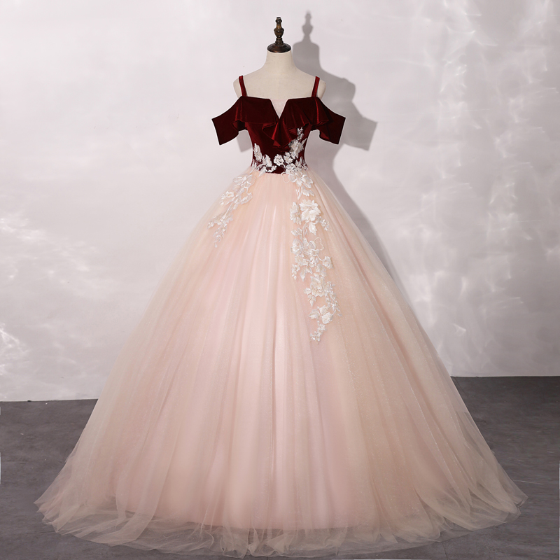 Light Pink Tulle Sweetheart Off Shoulder Velvet Top Sweet 16 Dress, Pink Prom Dresses
