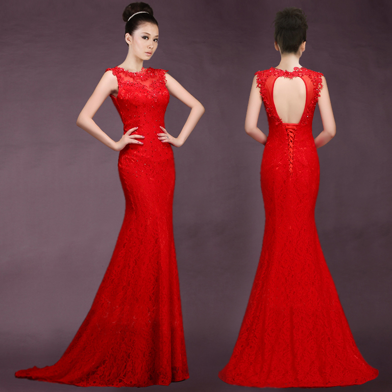 Red Lace Mermaid Long Evening Dress Wedding Party Dress, Red Formal Dresses 2022