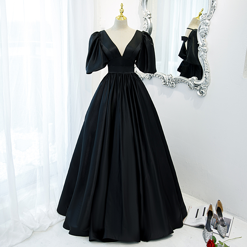 Black Satin Short Sleeves Beautiful Floor Length Party Dresses, Black Formal Dresses