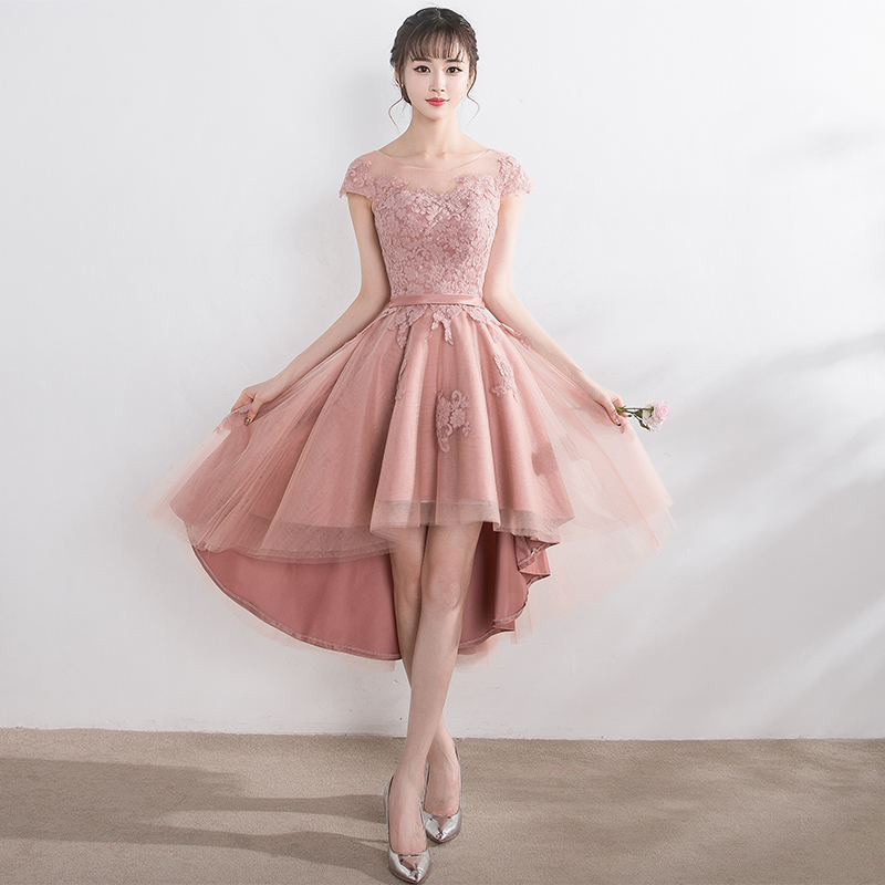 Pink Tulle Lace High Low Chic Bridesmaid Dresses Party Dress, High Low Homecoming Dresses