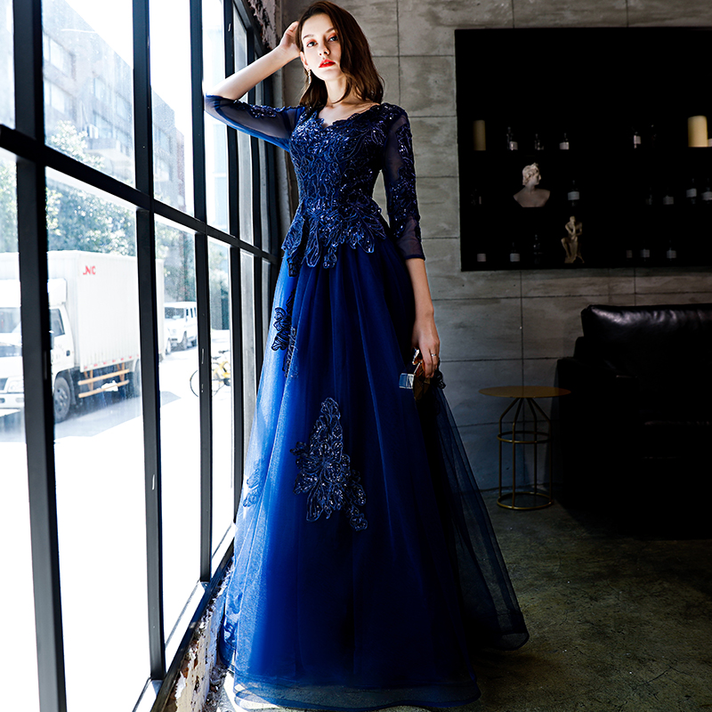 Navy Blue Tulle V-neckline Lace Applique Floor Length Party Dress Prom Dress,  Blue Formal Dresses on Luulla