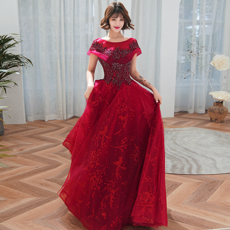 Wine Red Fashionable Lace Tulle Floor Length Prom Dress Party Dress, Dark Red Party Dresses