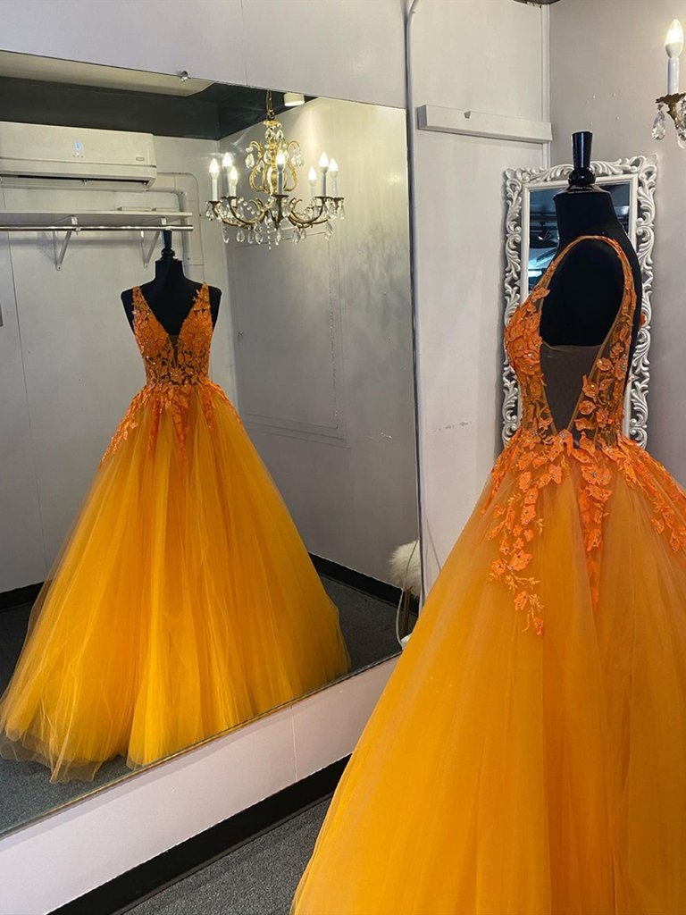 Fashionable Tulle Long V Neck Orange Lace Prom Dresses, Orange Lace Formal Evening Dresses
