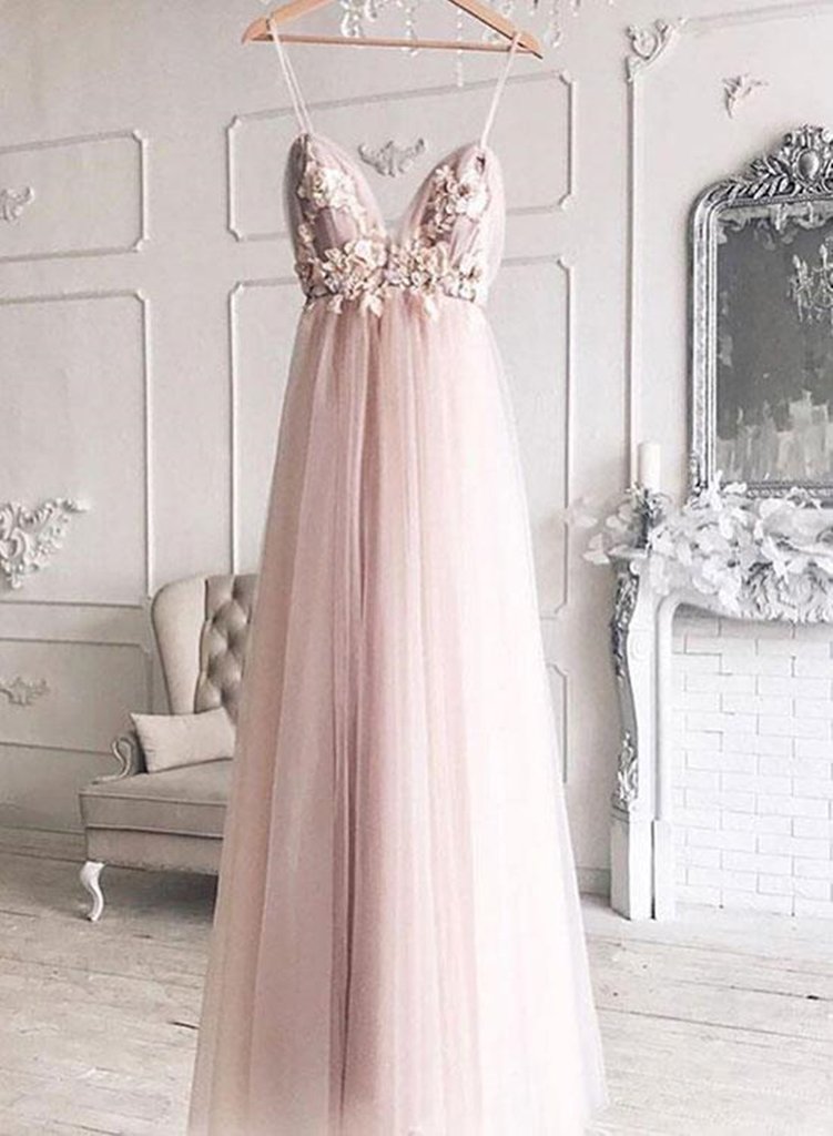 Pink Sweetheart Neck Pink Floral Tulle Prom Dresses, Pink Floral Wedding Formal Graduation Dresses