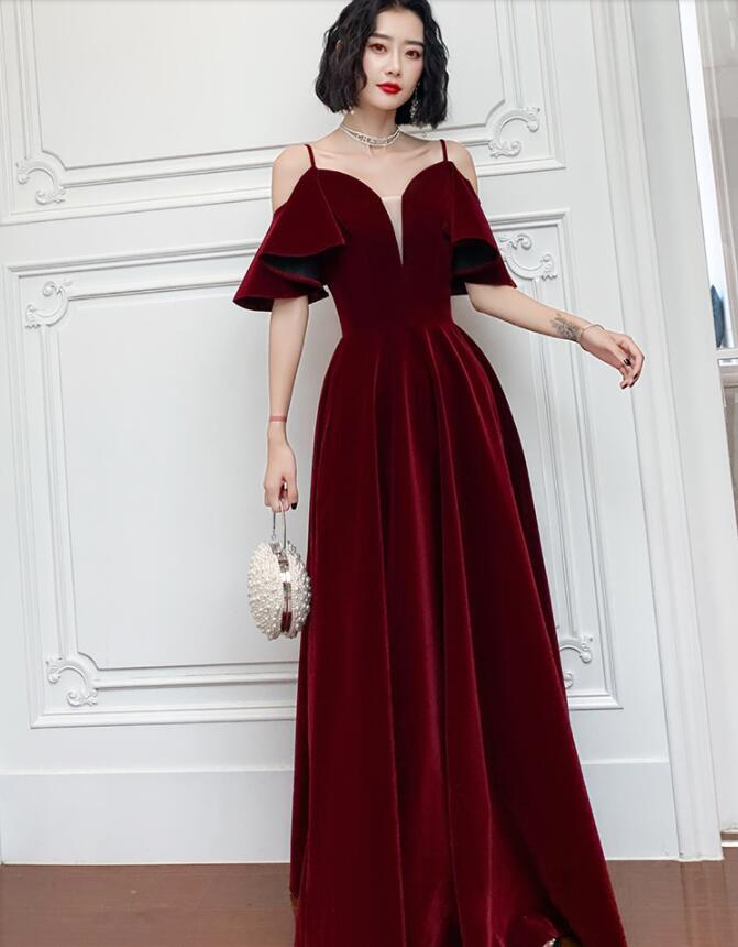 Wine Red Velvet Straps V-neckline Long Party Dress, A-line Burgundy ...