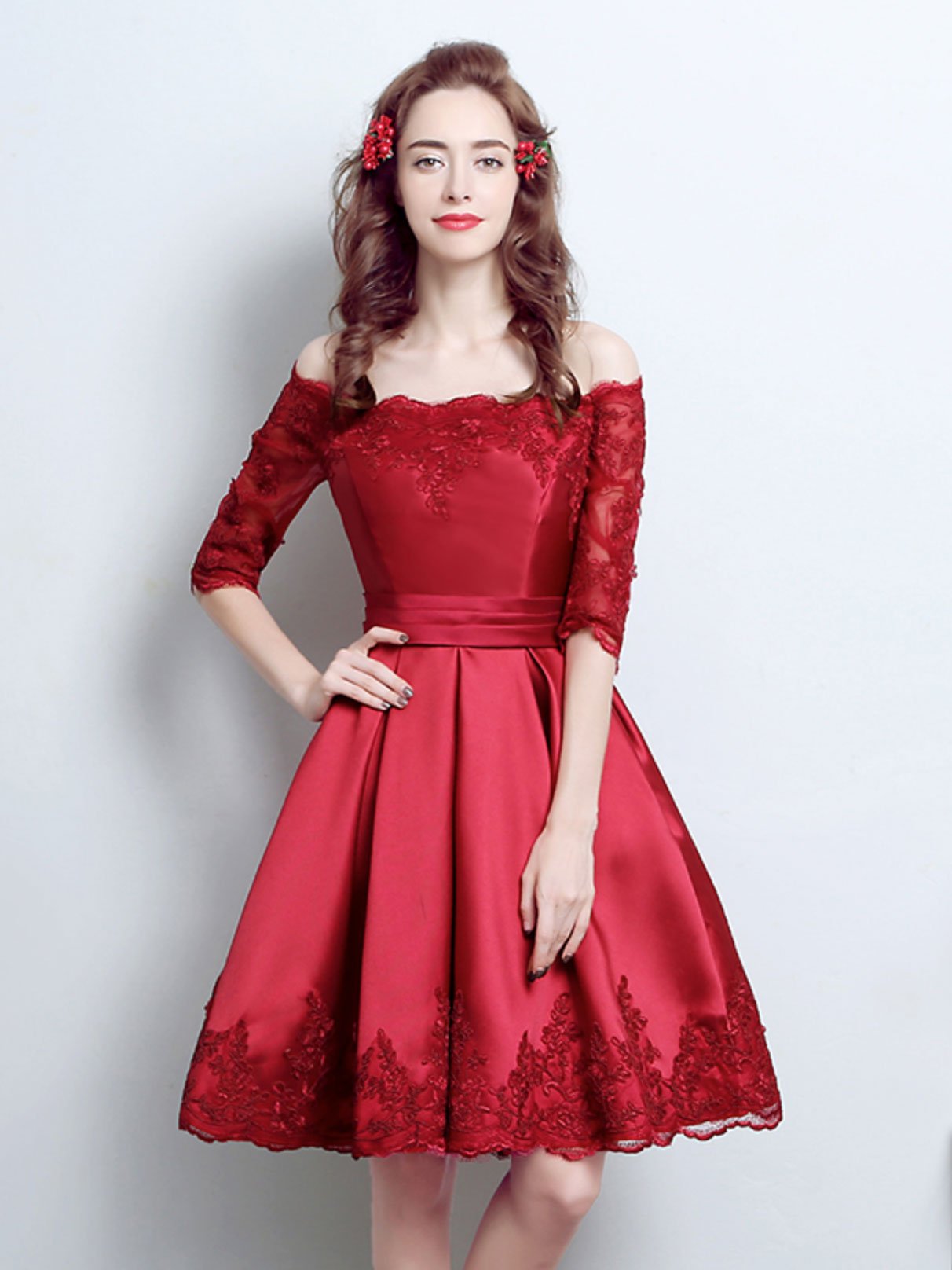 Wine Red Satin Knee Length Off Shoulder Short Sleeves Party Dress, Dark Red Homecoming Dresses