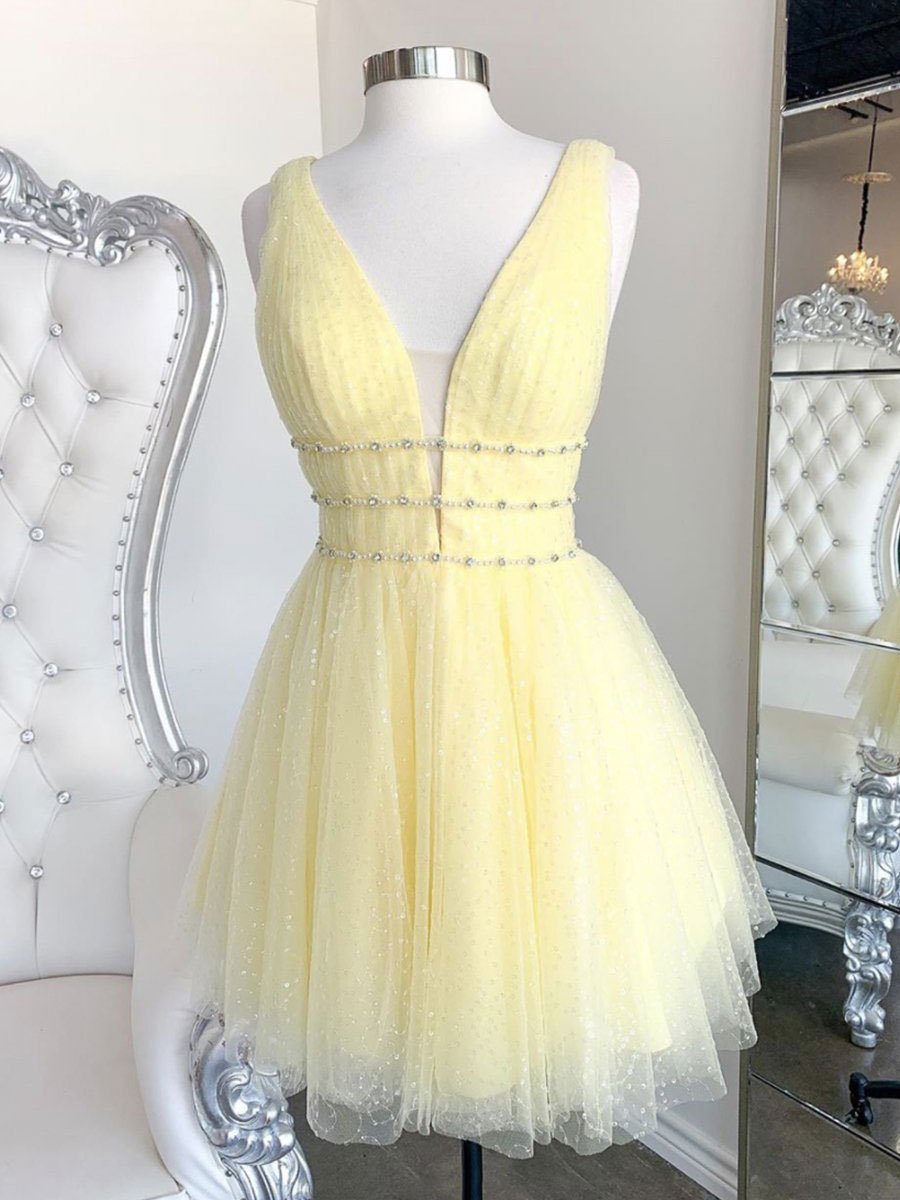 Light Yellow Tulle Ball Gown Beaded and Flowers Sweet 16 Gown, Light Y –  BeautyDressy