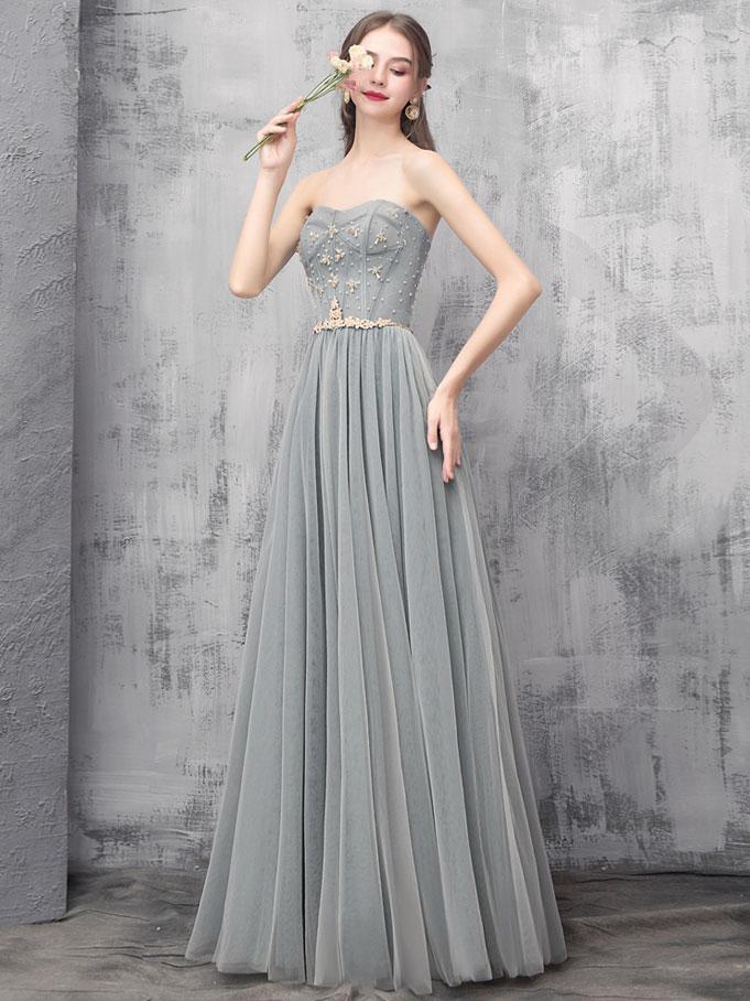 Grey Sweetheart Beaded Tulle Long Style Prom Dress 2022, Tulle Evening Dress