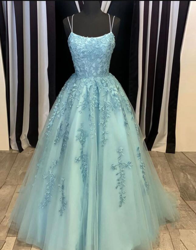 Beautiful Light Blue Tulle Lace Straps Backless Long Prom Dress Party Dress, Blue Formal Dresses