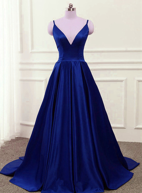 Blue Satin Cross Back Straps V-neckline Party Dress, Prom Dress 2022