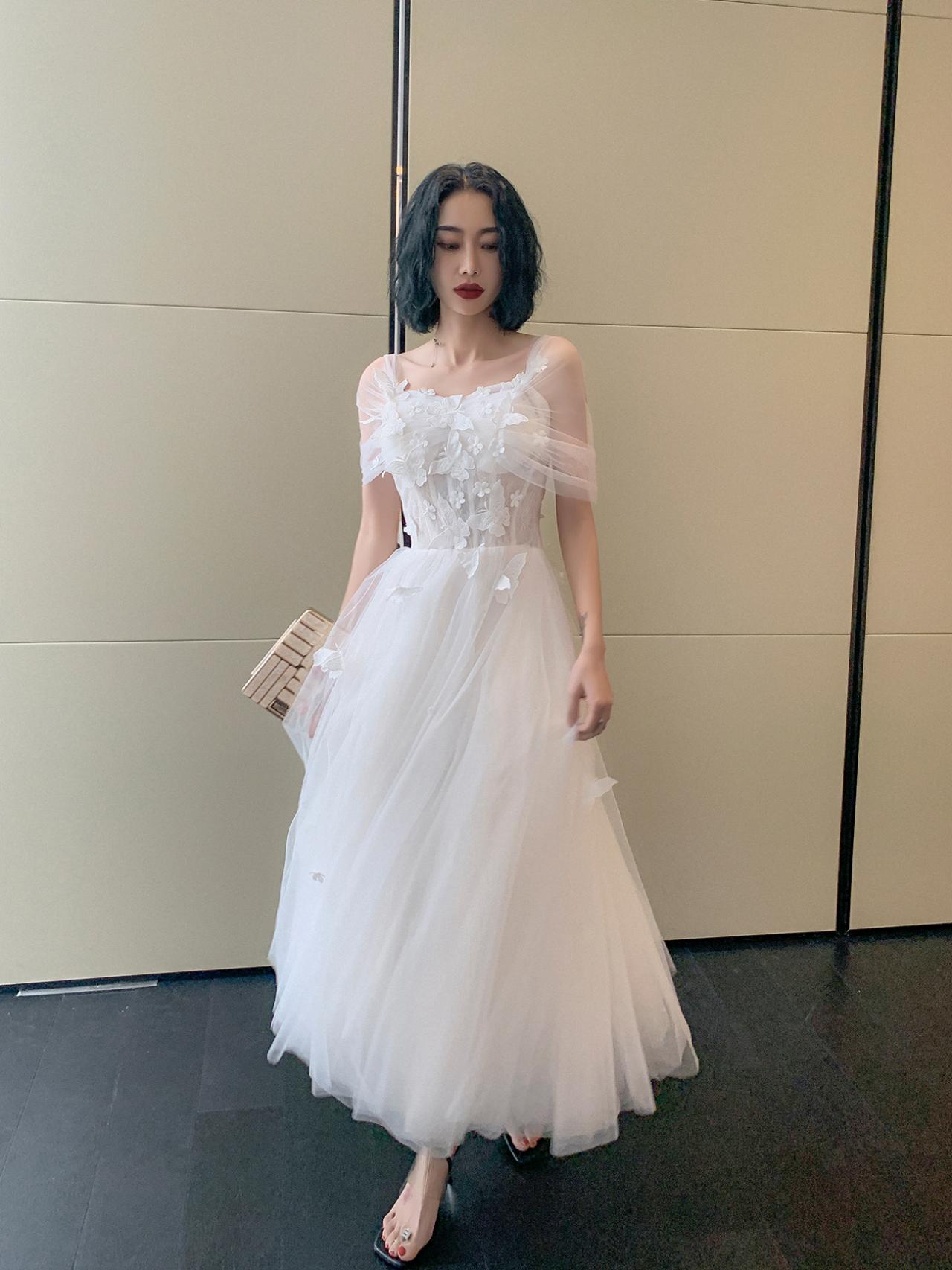 White Tulle Tea Length Off Shoulder Princess Party Dress, Lovely White Formal Dress