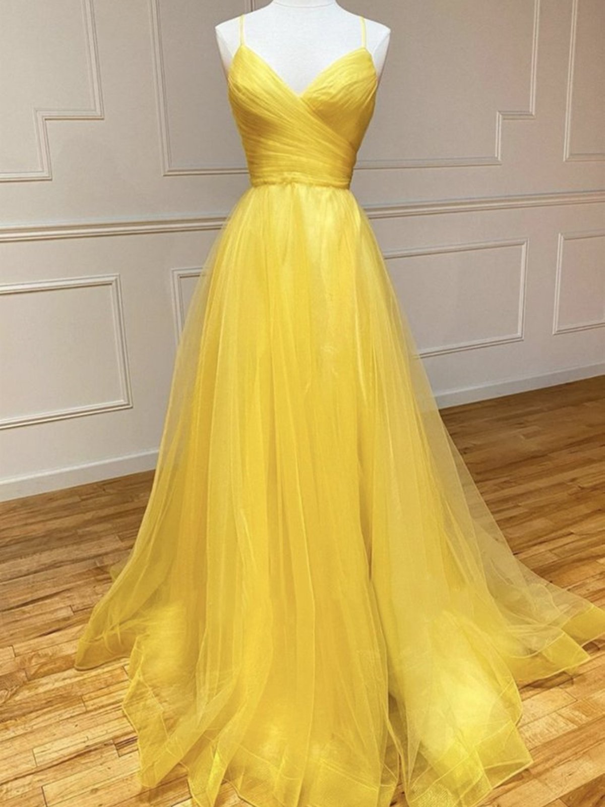 Yellow Tulle Long Formal Evening Dresses, Open Back Yellow Tulle Long Prom Dresses