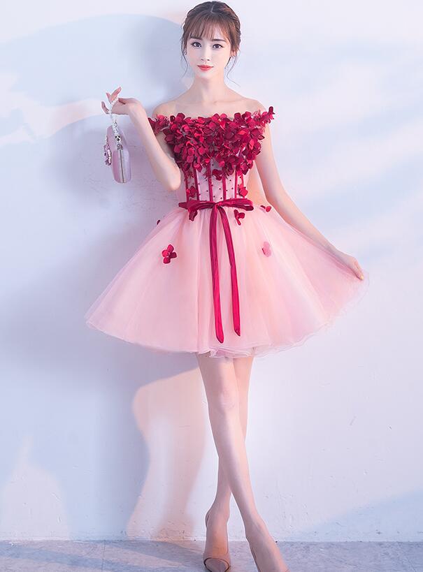 Lovely Pink Flowers Off Shoulder Tulle With Party Dresses, Short Formal Dresses