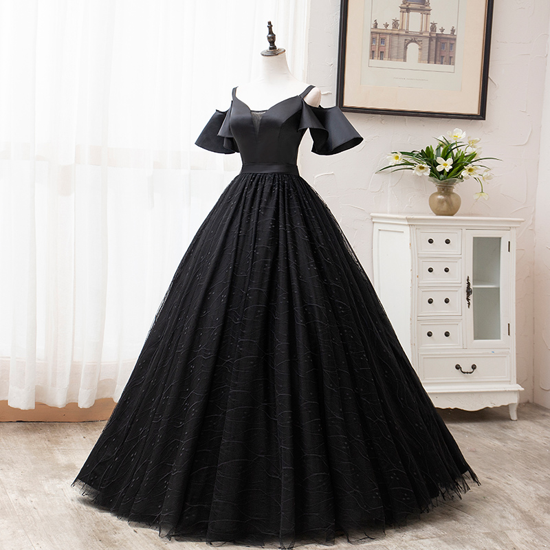Glam Black Satin And Tulle Ball Gown Off Shoulder Evening Dress Party Gown, Black Long Prom Dress