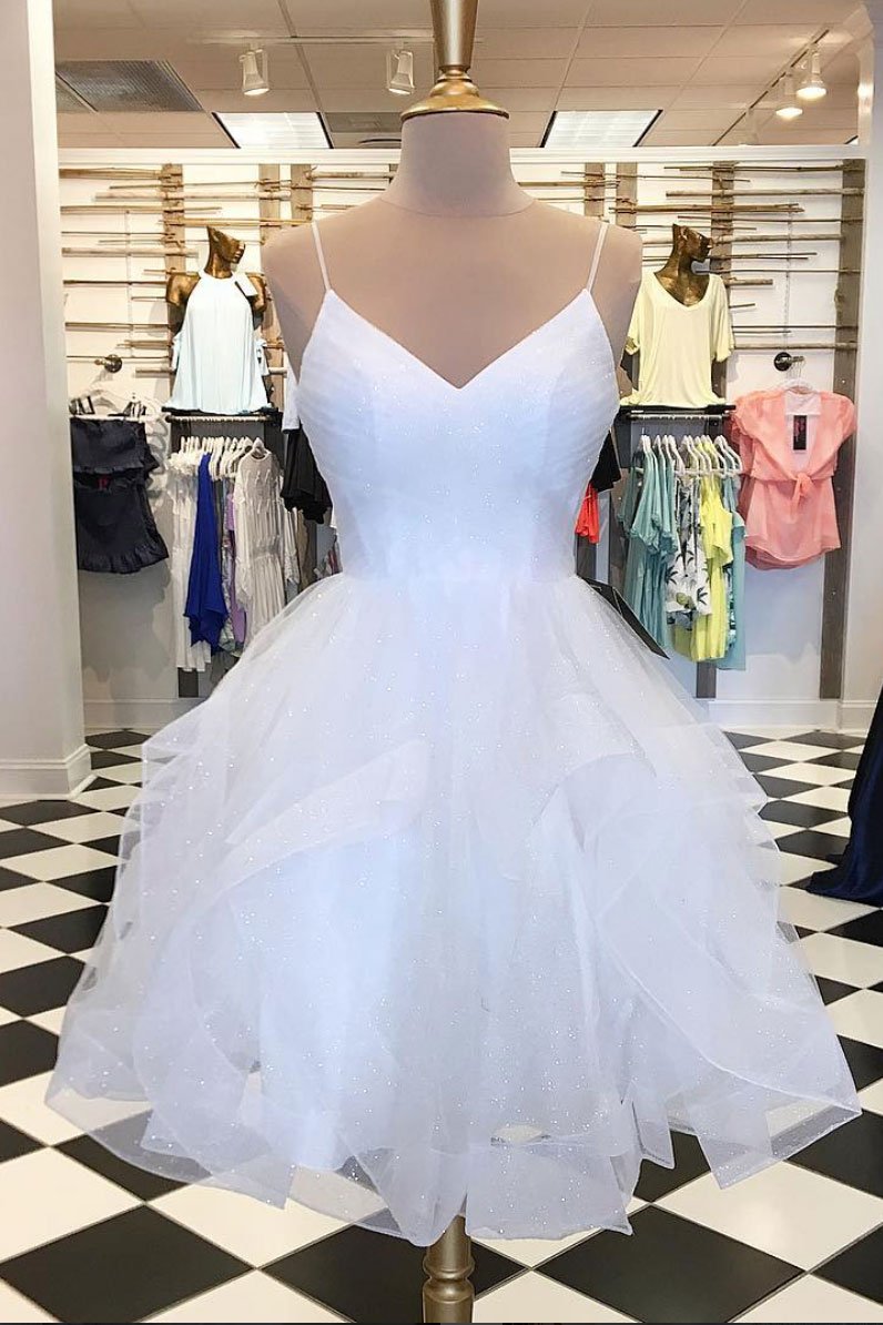 White Layers Tulle V-neckline Short Party Dress Graduation Dress, White Short Prom Dress