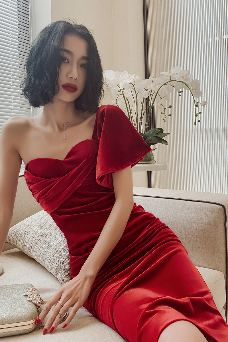Sexy Red Velvet One Shoulder Sweetheart Short Evening Dress, Red Formal Dress Party Dress