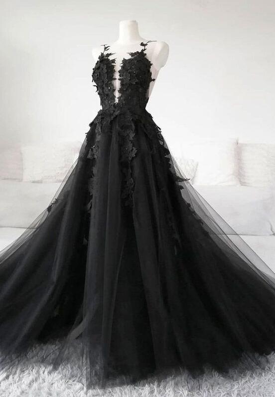 Black Tulle With Lace Applique Long Formal Dress, Prom Dress With Leg Slit