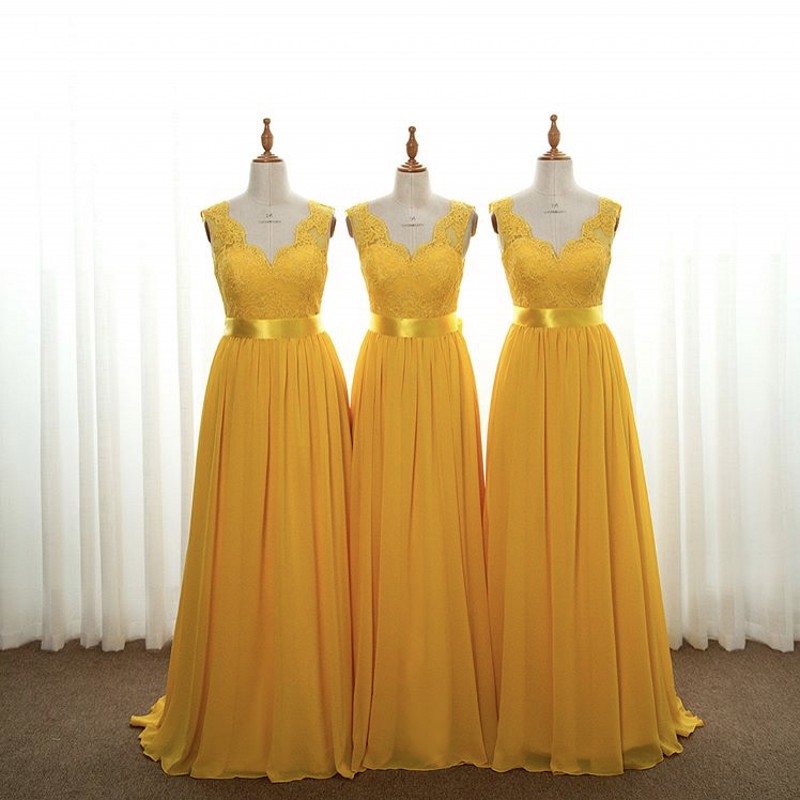 Yellow A-line Chiffon Bridesmaid Dresses Court Train Chiffon, Yellow Lace Bridesmaid Gown