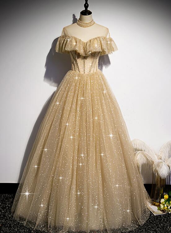 Charming Gold Shiny Tulle High Neckline Long Formal Dress Prom Dress, Chic Tulle Party Dress