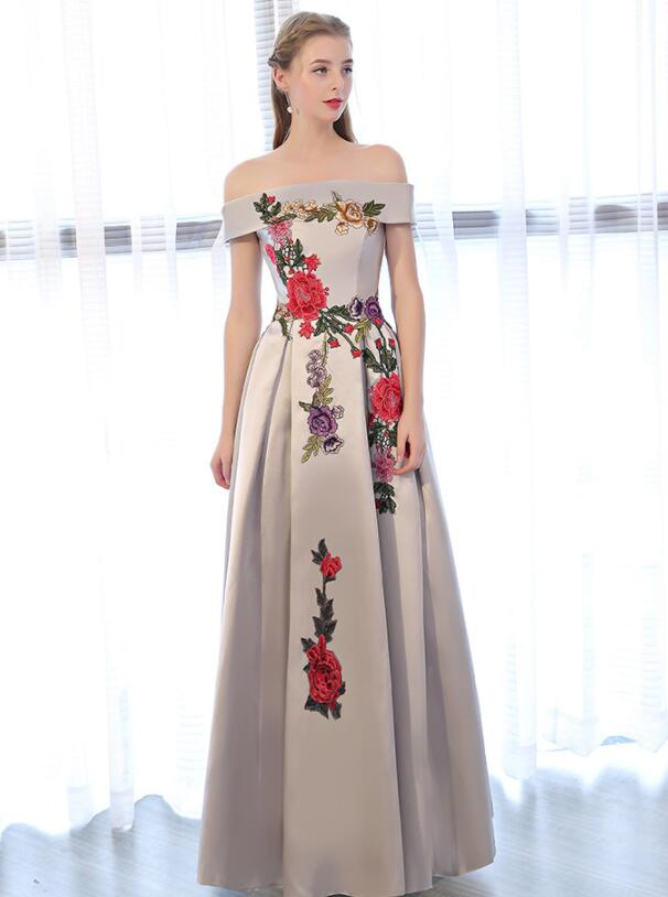 Beautiful Sliver Grey Satin Off Shoulder Long Party Dress With Embroidery, A-line Prom Dress Graduation Dress