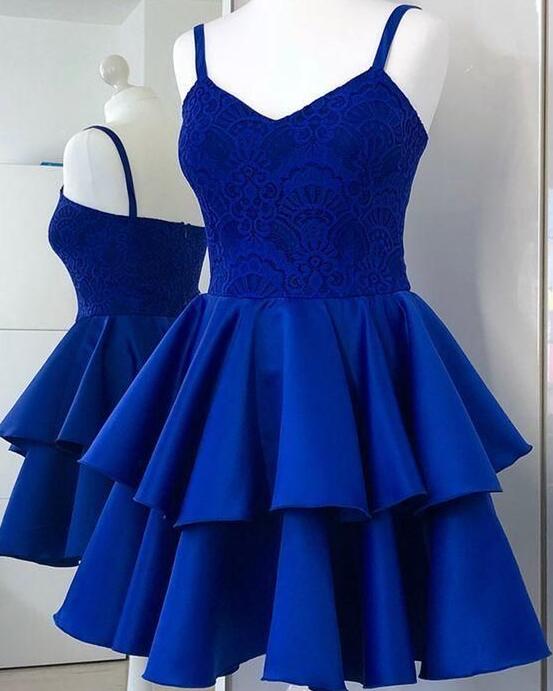 Blue Satin And Lace Short Style Homecomng Dress, Chic Short Prom Dress