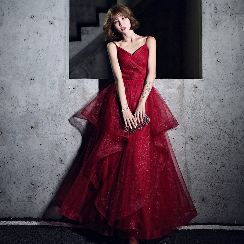 fitted lace wedding dress A-line Ruffles Prom Dress,Dark Red Senior Formal Gown – jkprom