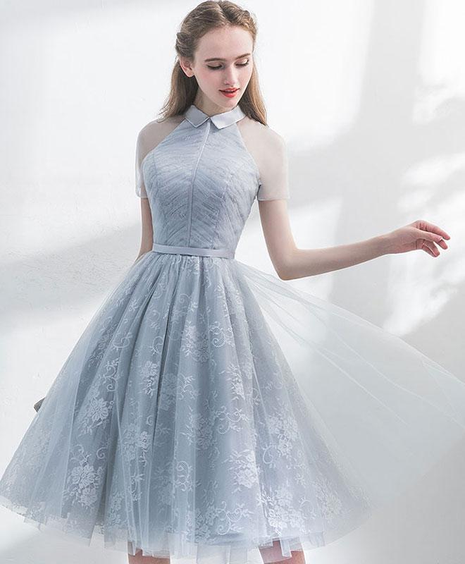 Beautiful Lace Grey High Neckline Knee Length Wedding Party Dresses, Short Formal Dress Prom Dress