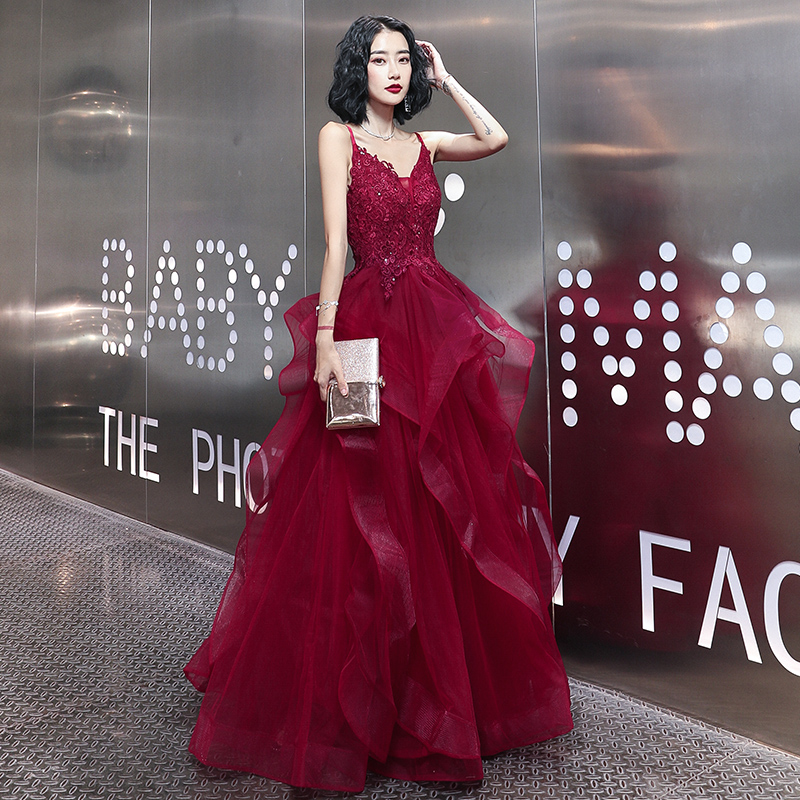 Beautiful Lace Applique V-neckline Long Straps Wine Red Formal Dress, Dark Red Prom Dresses