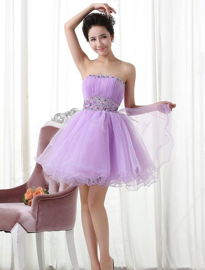 Cute Short Light Purple Organza Beaded Strapless Ball Gown Homecoming Dress, Short Prom Dress Formal Dress