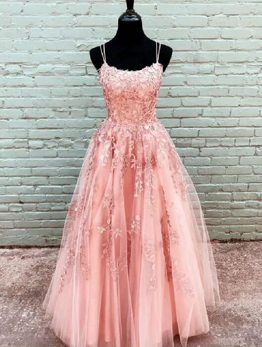 Pearl Pink Beautiful Tulle With Lace Applique Floor Length Prom Dress Party Dress, Pink Evening Gowns