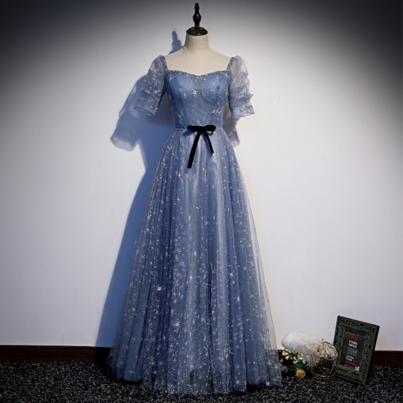 Blue Tulle Short Sleeves A-line Style Prom Dress Party Dress, Blue Formal Dress