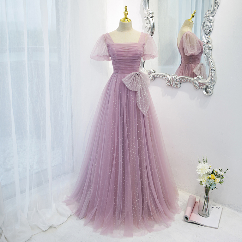 Charming Light Purple Princess Short Sleeves Long A-line Formal Dress, Purple Evening Gown Prom Dress