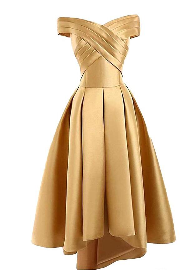 Gold Satin Off Shoulder High Low Party Dress Homecoming Dresses, Short Prom Dress