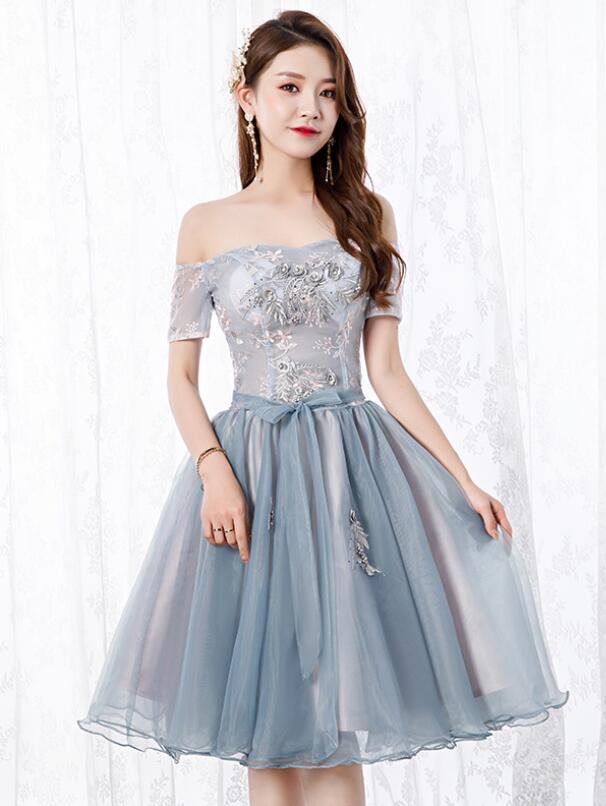 Cute Organza Tulle Grey-blue Short Sweetheart Lace Homecoming Dress, Short Party Dress