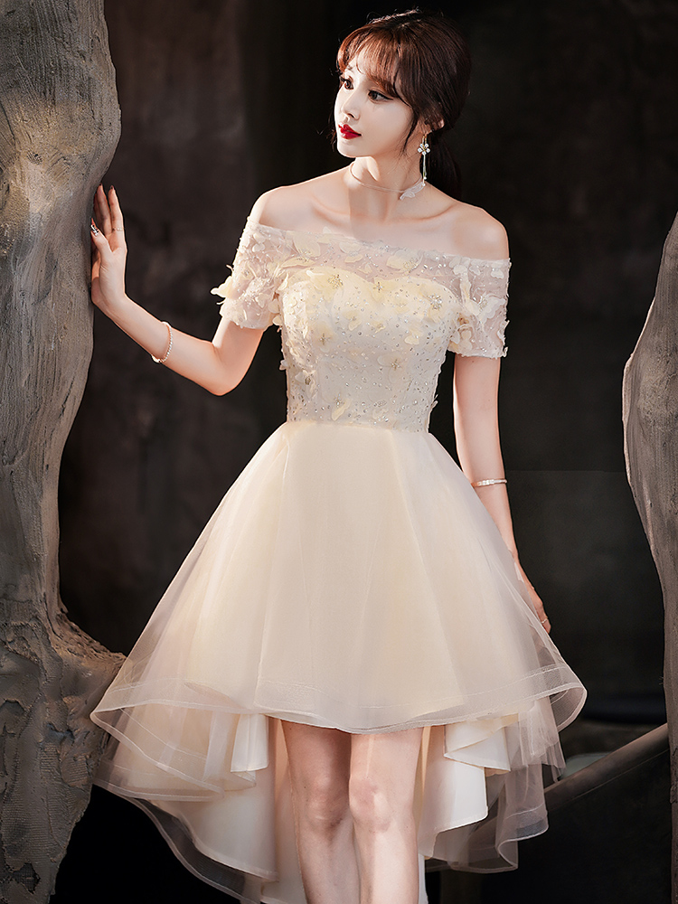 Off The Shoulder Lace High Low Champagne Wedding Reception Dress