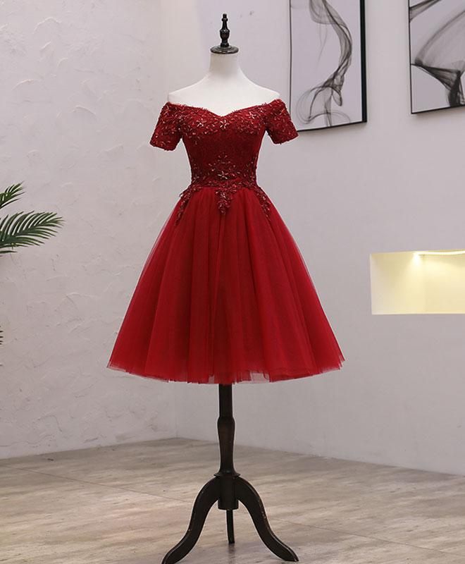 Beautiful Dark Red Off Shoulder Short Tulle With Lace Party Dress, Short Red Homecoming Dresses