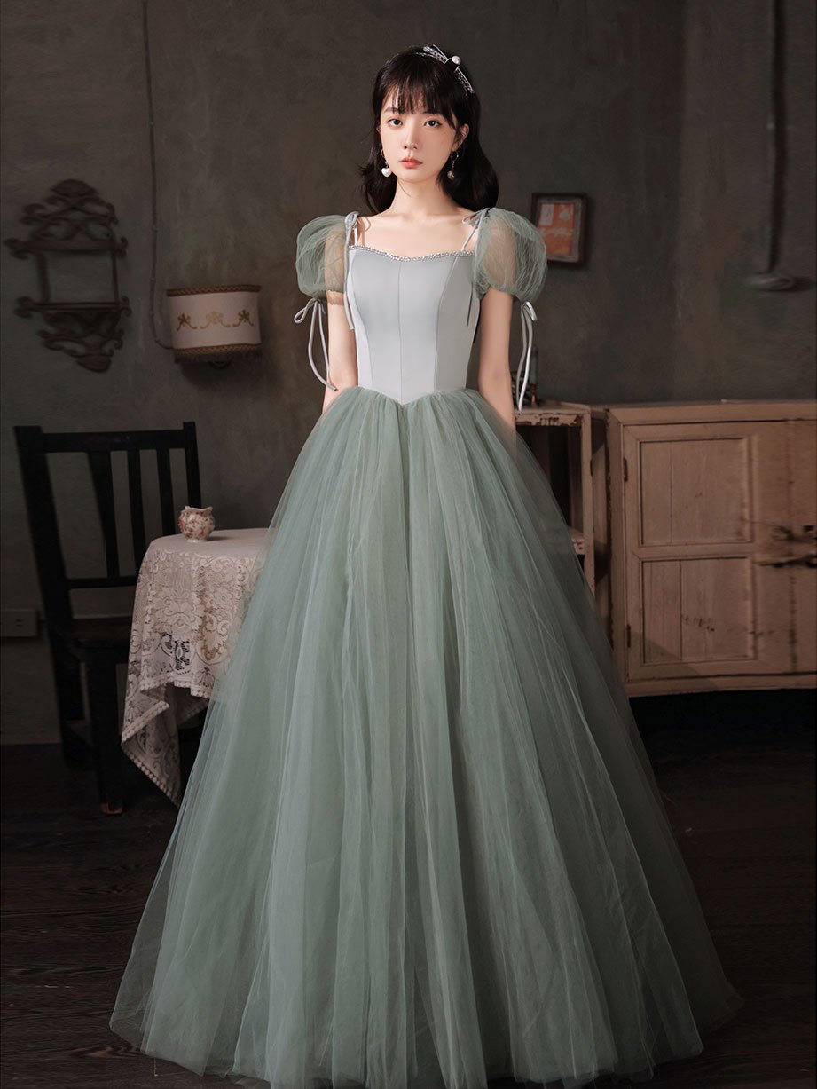 Lovely Green Tulle Cap Sleeves Long Formal Dress 2021, Tulle Princess Evening Dress Prom Dress